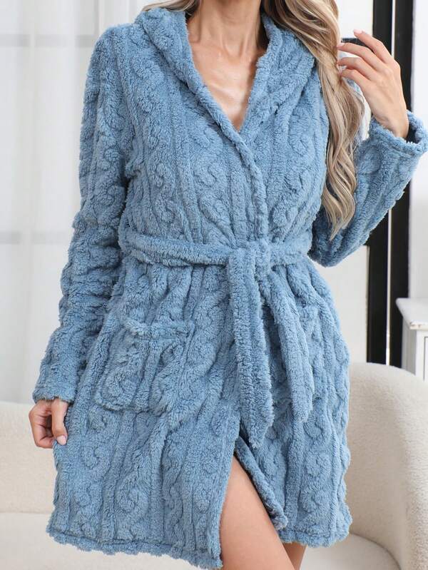 1 pieza Bata de kimono de mujer de unicolor acanalado, bata de baño minimalista con cinturón, ropa de estar en casa para primavera, otoño e invierno