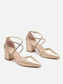 Elegant Pointed Toe Block Heel Pumps - Women's Evening/Party Shoes - Gold - View 5
