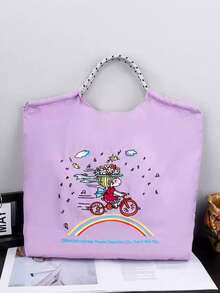 1件時尚刺繡單車女孩托特包，卡通圖案，輕量尼龍，大容量，可折疊抽繩開口購物袋 - 彩色 - 查看 13