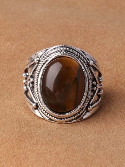 Vintage-Style Plated Silver Ring With Tiger's Eye Stone, Natural Stone Retro Holiday Ring, Multiple Colors Available (Striped Texture Varies)