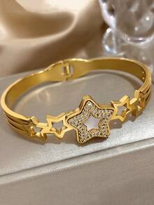 18K Gold Plated Stainless Steel Luxury Elegant Star Charm Bangle Bracelet Set With Mother Of Pearl, Mom Gift Christmas Thanksgiving Halloween Wedding Rave/Prom/Party/Daily Accessories Gift For Anniversary Valentine's Day Boho Jewelry Birthday Bridesmaid Gifts