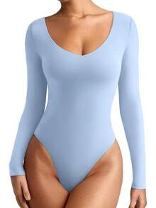 V Neck Long Sleeve Bodysuit - Comfy Double Lined Basic Top - Light Blue - View 1