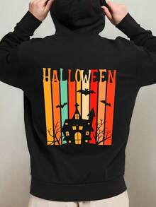 1pc Men'S Halloween Hooded Sweatshirt - Spooky Haunted House & Bats Print With Bold HALLOWEEN Lettering, Casual Streetwear Pullover For SpringAutumn, Costume Party & Casual Attire, Regular Fit Lon,Fall Hoodies,Men's Fall Clothes,Street Wear,Halloween,Mens Hoodies,Y2k Clothes,Jesus Hoodie,Thanksgiving Day,Nightmare Before Christmas,Christmas - 黑色 - 查看 1