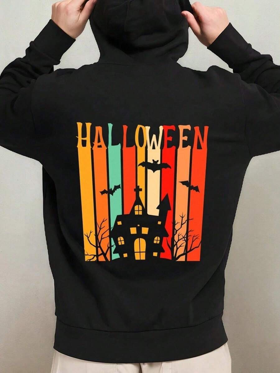 1pc Men'S Halloween Hooded Sweatshirt - Spooky Haunted House & Bats Print With Bold HALLOWEEN Lettering, Casual Streetwear Pullover For SpringAutumn, Costume Party & Casual Attire, Regular Fit Lon,Fall Hoodies,Men's Fall Clothes,Street Wear,Halloween,Mens Hoodies,Y2k Clothes,Jesus Hoodie,Thanksgiving Day,Nightmare Before Christmas,Christmas - 黑色 - 查看 1
