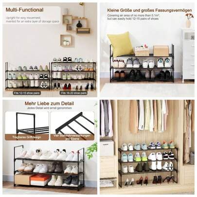 3 - Tier Shoe Rack, Black Metal Shoe Stand 12 - 15 Pairs, Space Saving Shoe Organizer, Upright Or Upside Down, Stackable Shoe Shelf Hallway, Bedroom,