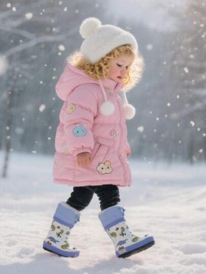 Thermisch gefütterte, wasserdichte Winterstiefel für Kinder, Mädchen Regenstiefel mit süßem Dinosaurier-Design, Schneestiefel, wasserdicht und leicht zu reinigen, perfekt für Outdoor-Aktivitäten in Regen- und Schneesaisons