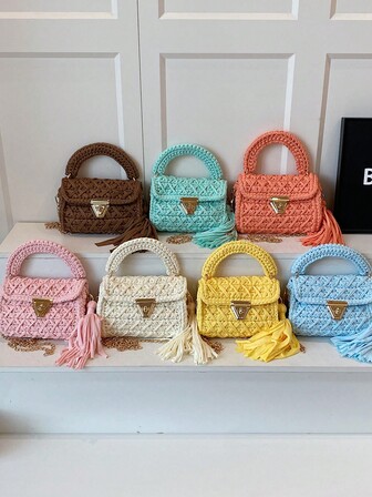 1pc Handmade Crochet Striped Woven Crossbody Shoulder Bag, Large Capacity Versatile Cute Sweet Dopamine Style Tote Bag, Great Gift For Friends