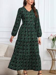Spring Women's Floral Print Bohemian Style Long-Sleeved Maxi Dress. 2025 New Year Fashion Loose Autumn Black And Green Dress, Belled Summer Vacation Casual Dress, Elegant Party Beach Graduation Fashionable Evening Valentine's Day Dress.