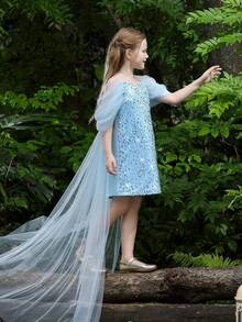 Tween Girl Off-Shoulder Trailing Mesh Sequin Party Dress, Princess Dress Suitable For Birthday Gift, Banquet, Wedding, Bridesmaid, Prom, Party, Holiday Celebration - Baby Blue - View 5