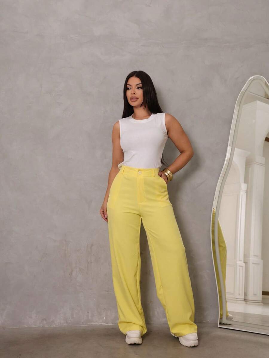 High-Waisted Tailored Wide-Leg Pants – Elegance And - Yellow - View 1