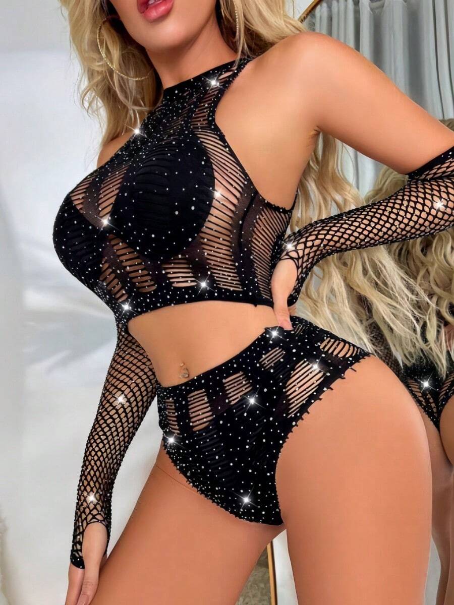 Lencería sexy, medias de malla, atuendos sexys para chicas, sin necesidad de quitarse los pantalones, tentación y restricción, mono ajustado, medias liguero, lencería sexy, atuendos festivos, opciones de regalo, traje de malla sexy - Negro - Ver 1