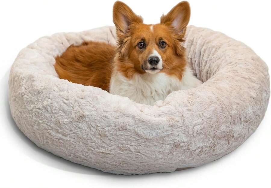 Best Friends By Sheri Original Calming Donut Dog And Cat Bed, Lux Faux Fur, Oyster, (30in X 30in) - Anxiety Relief For Pets Up To 45 Lbs,21792468 - 金色 - 查看 1