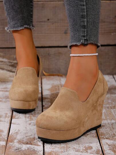 10cm Wedge Heel Elegant Black Comfortable Versatile Slip-On Flats, Suitable For Daily, Vacation, Commute, Party, Valentine's Date Outfit, Women Shoes