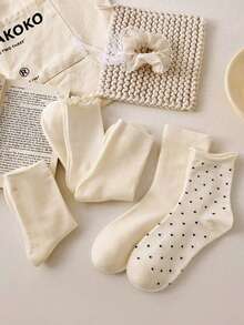 4 Pares de Meias Cano Médio Femininas, Bolinhas Fofas e Babados, Meias Confortáveis para Uso Casual Diário e Passeios, Todas as Estações