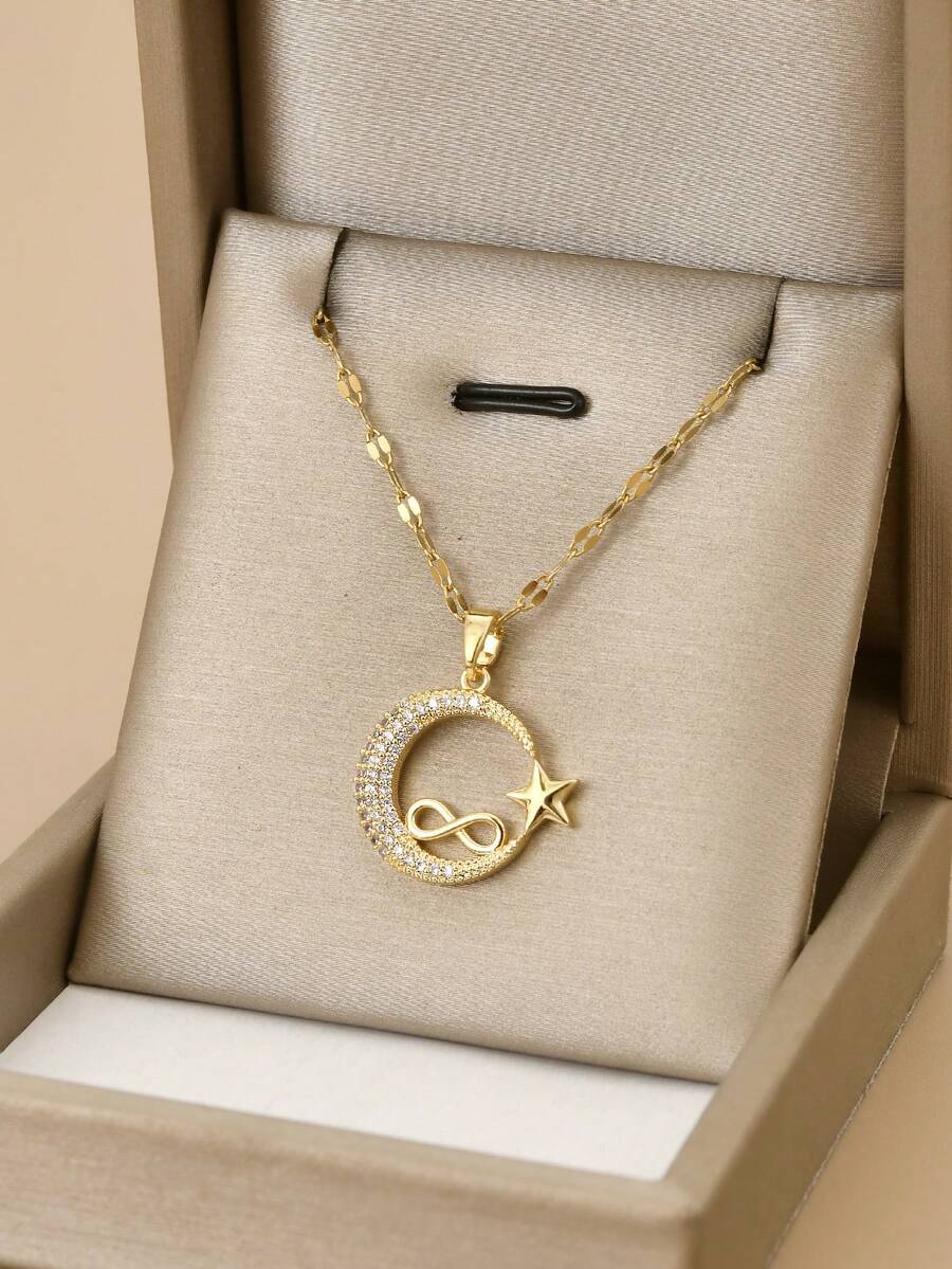 1pc Fully Rhinestone Sparkling Star & Moon Stainless Steel Necklace For Women, Star, Moon, Starry Pattern, Infinity Loop, Golden Jewelry, Women's Jewelry, Stainless Steel Accessories, Gift - Yellow Gold - View 1
