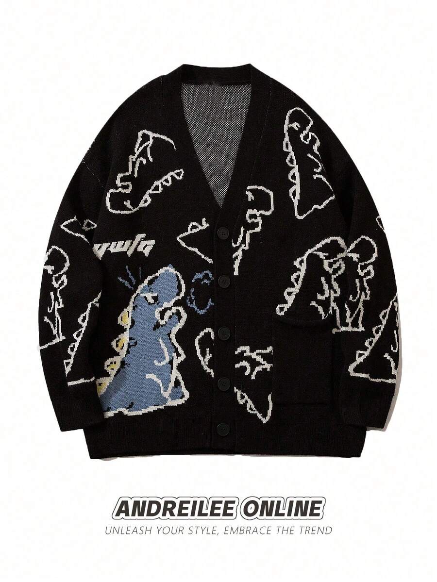 Herren Cartoon Dinosaurier Muster Langarm Lässig Strickjacke, Herbst/Winter