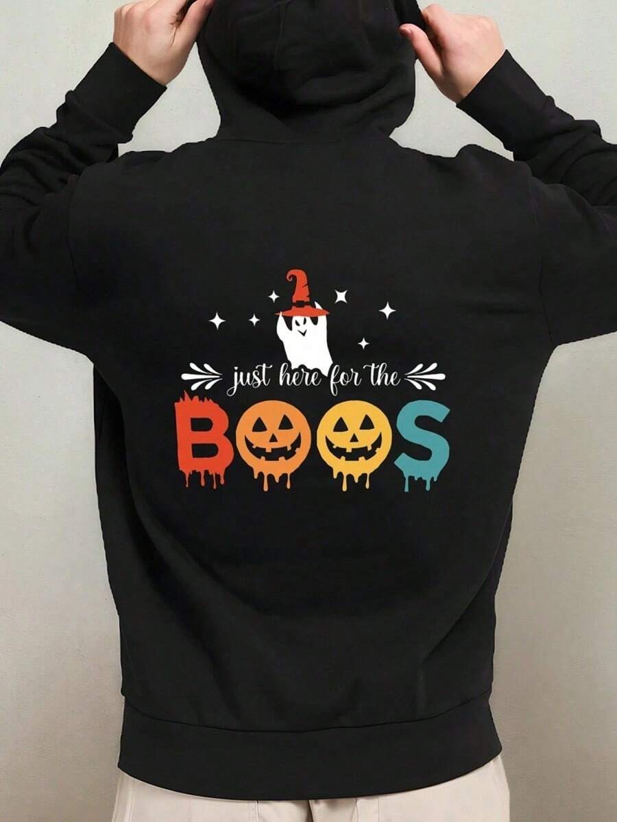 1pc Men'S Funny Halloween Hooded Sweatshirt - Oversized Black Graphic Pullover With Boo Lettering & Spooky Ghosts, Machine Washable Casual Hoodie For Costume Parties & Casual Attire (Just Here For,Fall Hoodies,Men's Fall Clothes,Street Wear,Halloween,Mens Hoodies,Y2k Clothes,Jesus Hoodie,Thanksgiving Day,Nightmare Before Christmas,Christmas - màu đen - Xem 1
