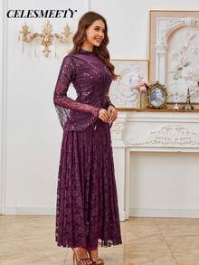 优雅紫色亮片串珠连衣裙，蕾丝长袖晚礼服，适合圣诞节、新年、感恩节、派对、婚礼、情人节等场合。 - 紫色 - 查看 4