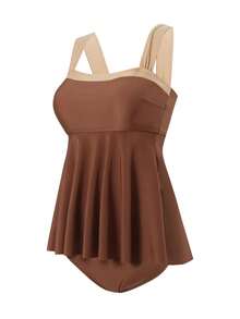 Modisches Tankini-Badeanzug-Set in Beige und Dunkelbraun - Rüschen-Träger-Top + Hoch taillierte Unterteile | Klassisches Color-Blocking-Design und 3D-Sommer - Braun - Übersicht 5