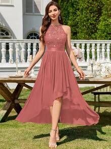 MIUSOL Vestido longo de festa de noite com decote halter, renda floral com lantejoulas e bainha assimétrica plissada, vestido assimétrico para mulher, vestido de gala formal, vestido de baile, vestido de casamento - Rosa Empoeirado - Ver 2