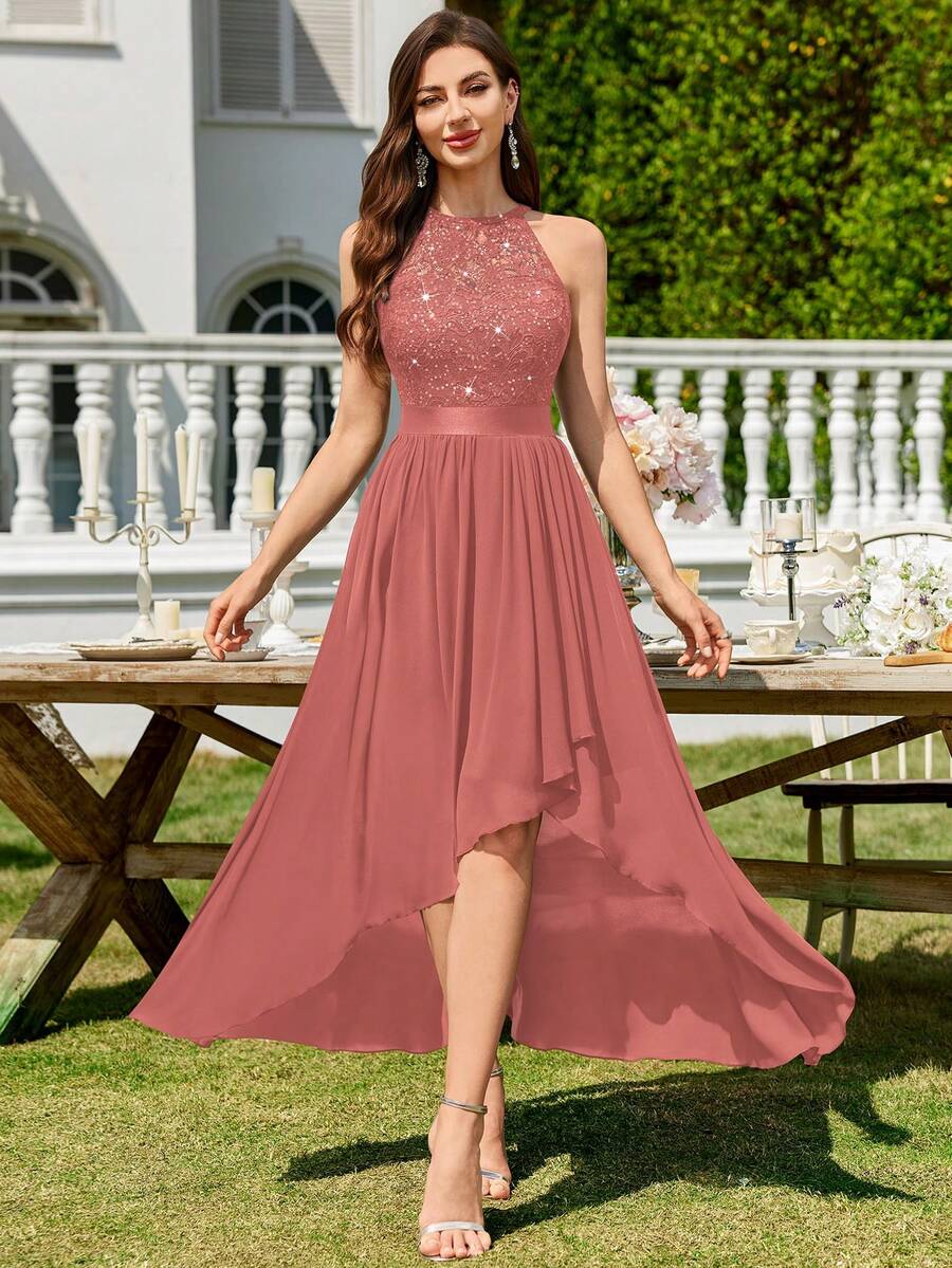 MIUSOL Vestido longo de festa de noite com decote halter, renda floral com lantejoulas e bainha assimétrica plissada, vestido assimétrico para mulher, vestido de gala formal, vestido de baile, vestido de casamento