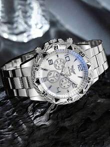 1pc Fashion Business Classic Oversized Dial Men's Alloy Strap Quartz Watch - Silver - View 2