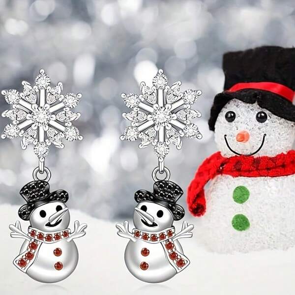 Fashionable Snowflake Earrings With Snowman Pendant Decorated With Synthetic Gemstones, Stylish Jewelry For Women, Party, Christmas, Daily Wear