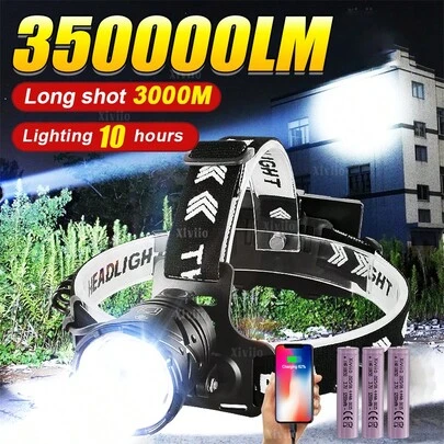 350000流明超亮头灯大功率LED头灯USB可充电变焦头灯手电筒钓鱼狩猎头灯