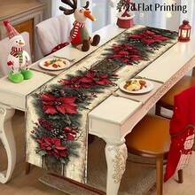 1 pieza Camino de mesa navideño vintage, diseño de flor de Pascua roja con piña y baya, decoración rectangular de lino para fiestas navideñas, de Año Nuevo y de invierno