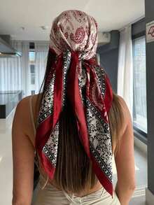 1PC Women's Red & White Paisley Printed Bandana, 90CM Large Satin Square Scarf, Silk-Feel Hair Wrap, Stylish Headscarf For Women, Elegant Hair Accessory For Casual & Formal Wear - 紅白色 - 查看 2