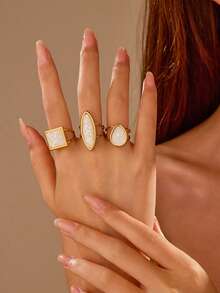 3pcs Stainless Steel Gold-Tone Geometric Shape With White Gemstone Rings Set, Suitable For Women's Daily Wear Or Gift - Yellow Gold - View 1
