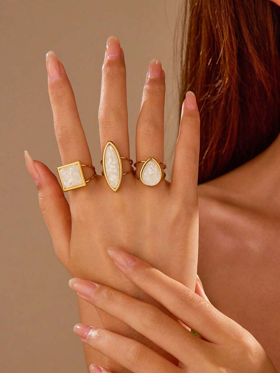 3pcs Stainless Steel Gold-Tone Geometric Shape With White Gemstone Rings Set, Suitable For Women's Daily Wear Or Gift - Yellow Gold - View 1