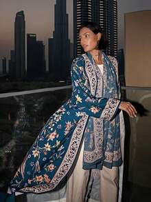 两件套：印花开襟长袍+头巾，适合迪拜穆斯林女性日常穿着。 - 彩色 - 查看 3