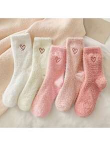 5 Pairs Heart Embroidered Socks - Soft & Fluffy Mid-Calf Socks, Great For Women In Autumn/Winter | Heart Embroidered Socks | Textured Short Socks