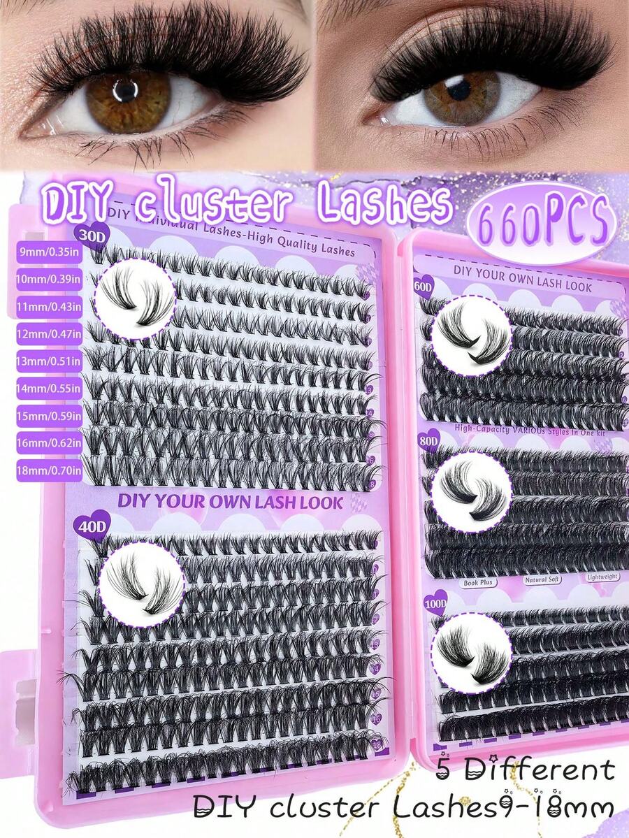660PCS-30D 40D 60D 80D 100D False Eyelashes, D-Curl Mixed Length, Thick Cat Eye Style Clustered False Eyelashes, Suitable For Beginners To DIY At Home, Suitable For Christmas And Music Festivals