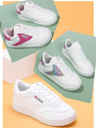 Kids & Teens Casual Versatile White Sneakers, Flat Low-Top Sports Shoes, Student Shoes, Gymnastics Shoes, Cheerleading Shoes