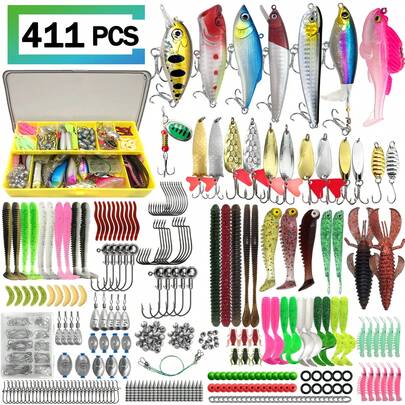 411/241/196/137/85 piezas Juego de señuelos de pesca multifuncional, con caja, señuelos blandos, señuelos de cuchara, anzuelos, señuelos duros y otros accesorios de pesca, de PVC duradero y acero inoxidable, adecuado para usar en todas las estaciones, universal para agua de mar y agua dulce