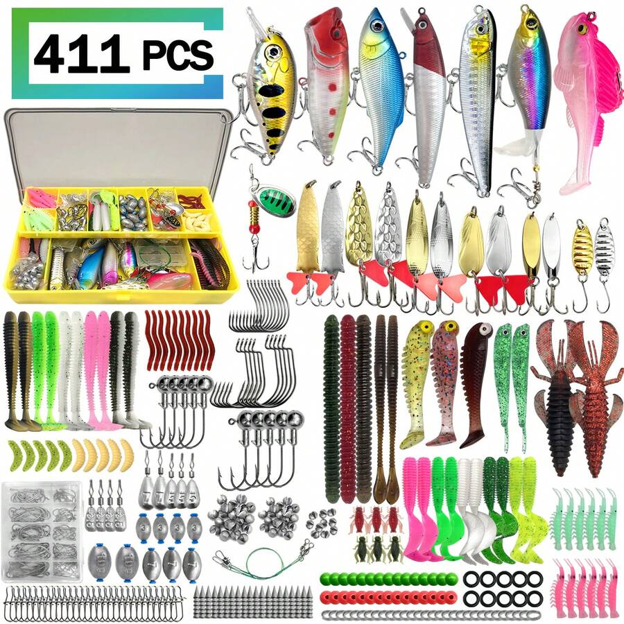 411/241/196/137/85pcs Multi-Functional Fishing Lure Set, Includes Storage Box, Soft Lures, Spoon Lures, Fish Hooks, Hard Lures And Other Fishing Accessories, Made Of Durable PVC And Stainless Steel, Suitable For Freshwater And Saltwater, All Seasons
