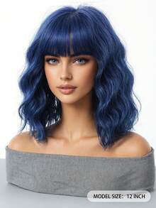 Ombre Blue Short Wavy Wig With Bangs For Lolita Role Play, Platinum Blonde Bob Style, Heat Resistant Synthetic Wig, Suitable For Women's Daily And Party Wear - 藍色 - 查看 5