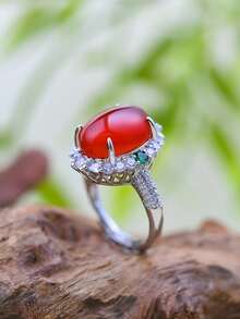 2025 新款天然玛瑙玉戒指，半透明玉髓镶嵌戒指，女士婚礼订婚珠宝戒指，学生和最好的朋友可调节 INS 风格戒指，礼物，经典凸圆形闪亮方晶锆石玫瑰金水晶戒指 - 戒指 - 查看 6