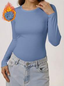 Women's Long Sleeve Base Layer Thermal Lined Solid Color Thermal Underwear Top, Super Soft For Outdoor, Casual, Home Wear, Suitable For Cold Weather, Fall / Winter - Baby Blue - View 8