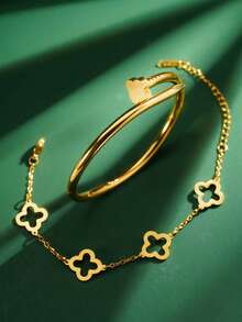 1 件时尚优雅的三叶草心形耳钉金手链首饰，18K 玫瑰金镀不锈钢手镯，适合男士和女士，季节性礼物