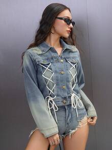 Vintage Washed Short Denim Jacket For Women, Drawstring Tie Design, Non-Stretch, Retro