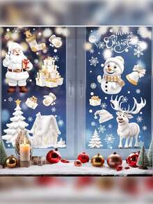 113pcs/4 Sheets Christmas Window Decals, Reusable Santa Claus, Reindeer, Snowflake Decoration, Suitable For Home, Store Window Display, Holiday Party Decoration, Easy To Apply And Remove, Double-Sided Christmas Window Sticker, White Snowflake Electrostatic Glass Sticker, Festive Decorative Window Stickers,Christmas - Multicolor - View 6