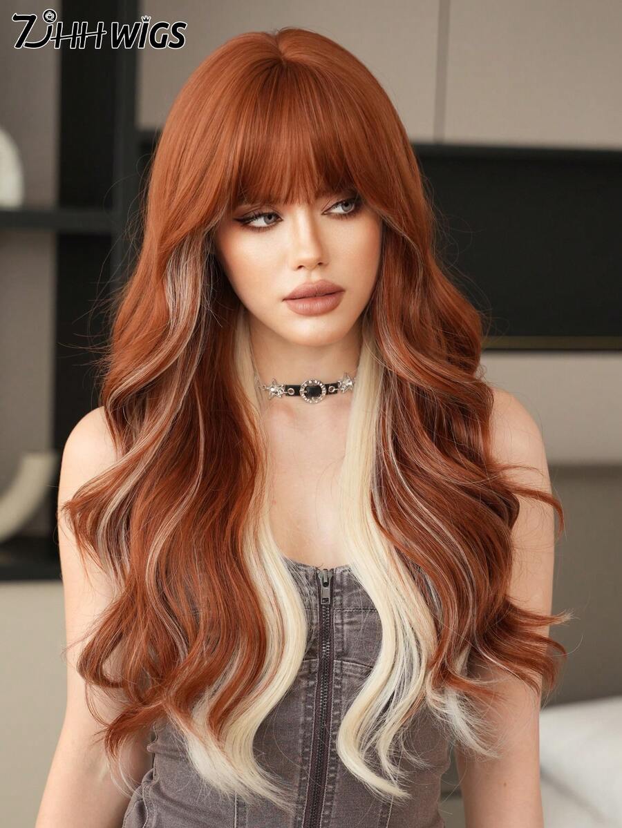 7JHH WIGS Long Wave Orange & Blonde Highlight Wigs For Women - Loose Fluffy Wavy Curly Wig With Bangs, Full Machine High Density Synthetic Heat Resistant Fiber Hair Wigs For Halloween Cosplay Wear, Music Festival Party Use 26 Inch - 橘色 - 查看 1