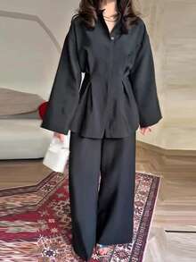 Casual Commuter Solid Color Elegant Waist Shirt & Pants Set Black Spring - Black - View 4