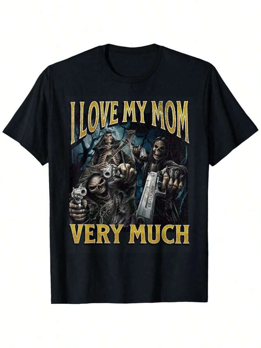 I Love My Mom Very Much T-Shirt | Funny Hard Skeleton Meme Bootleg Graphic Tee | 100% Cotton Oversized Gym And Workout Top For Men And Women | Soft And Comfortable Streetwear Apparel | Humorous And Edgy Statement Shirt - 黑色 - 查看 1