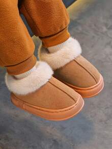 儿童一脚蹬拖鞋，2025秋冬新款，幼儿/小童/大童，室内/室外，毛茸茸，拼布，简约，软底，舒适 - 駝色 - 查看 3