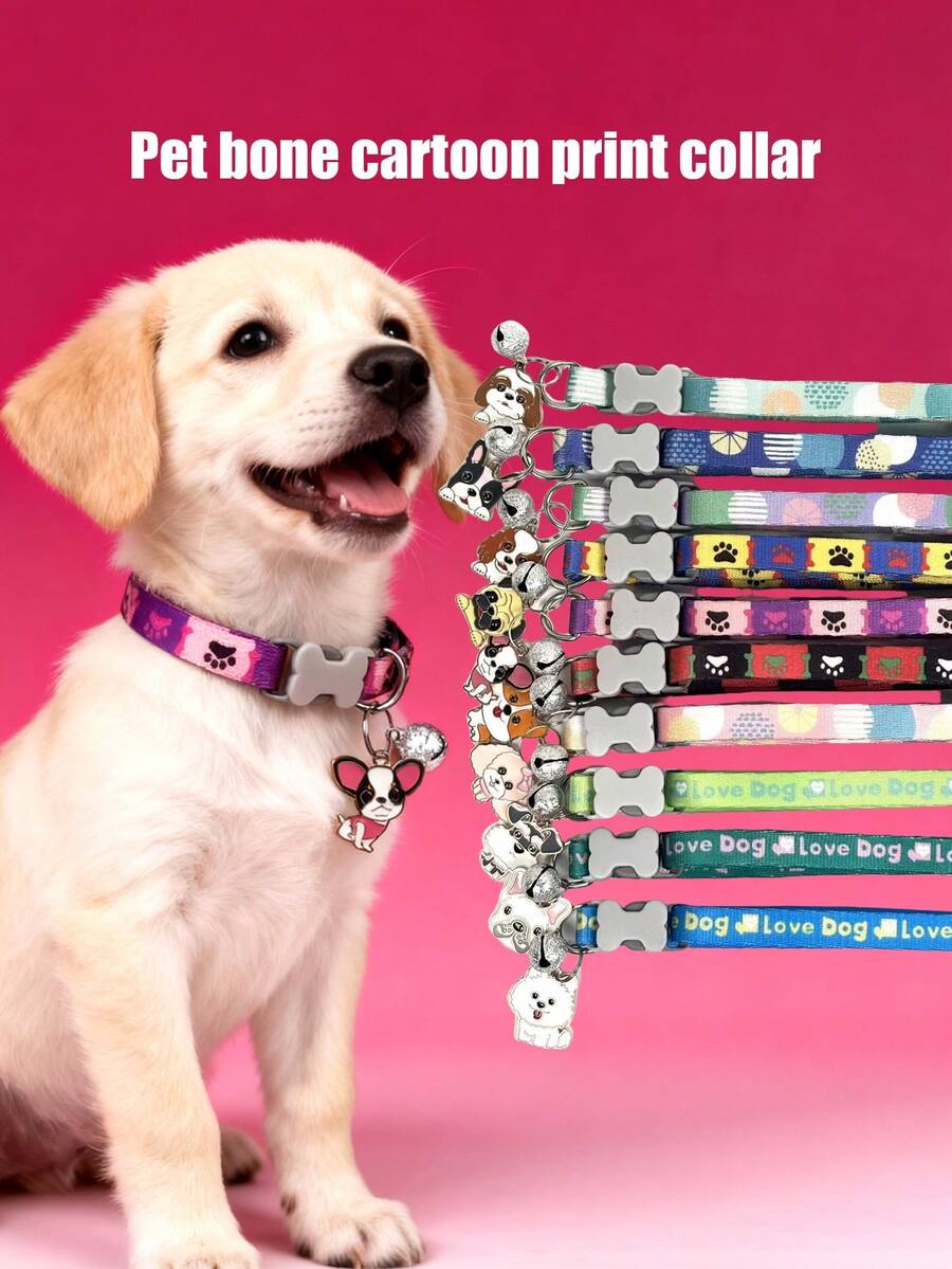 1pc Cartoon Print Adjustable Pet Collar, Cute Dog Pendant Necklace, Cat Collar, Dog Collar, Bone-Shaped Buckle, Pet Accessories - Multicolor - View 1