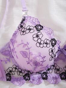 Floral Embroidered Sheer Mesh Bra Set, Adjustable Strap Lingerie Set, Seductive Transparent Alluring Bra Set, Intimate Valentine's Day Gift - Purple - View 3